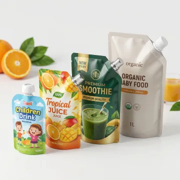 Custom designed stand up pouches with integrated spouts showing various product applications