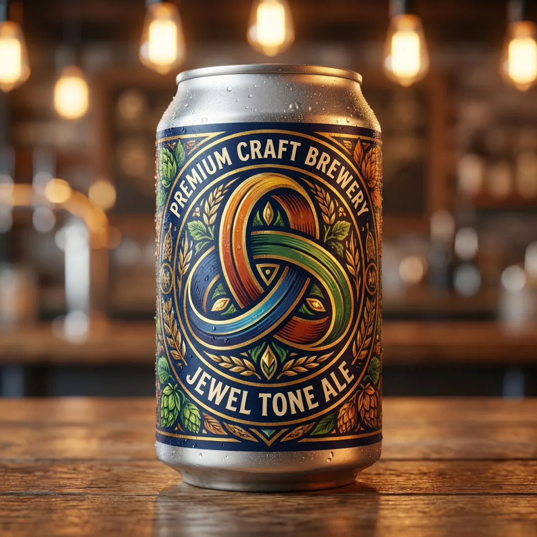 Close-up of craft beer can with detailed shrink sleeve label showcasing brand graphics