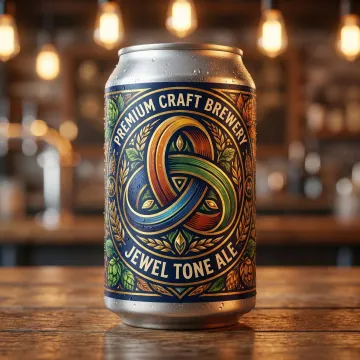Close-up of craft beer can with detailed shrink sleeve label showcasing brand graphics