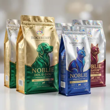 Premium foil-printed pet food packaging with metallic finish