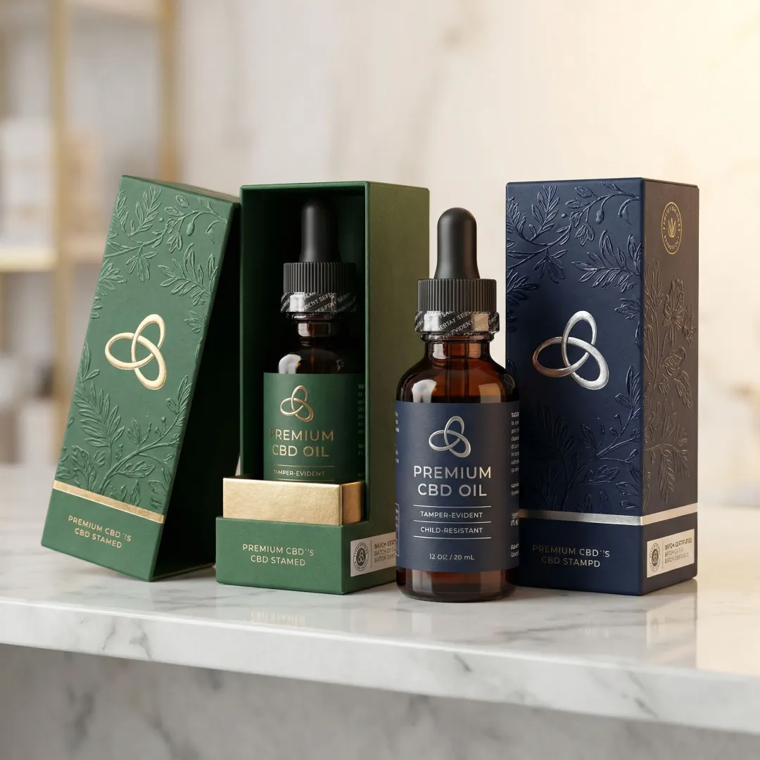 CBD oil bottles displayed in custom foil stamped packaging boxes