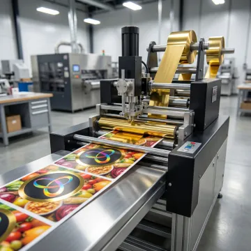 Food packaging labels being foil stamped on commercial printing equipment