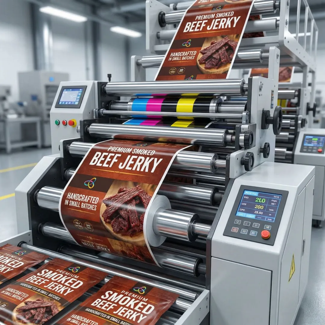 Production line of custom jerky packaging bags being printed