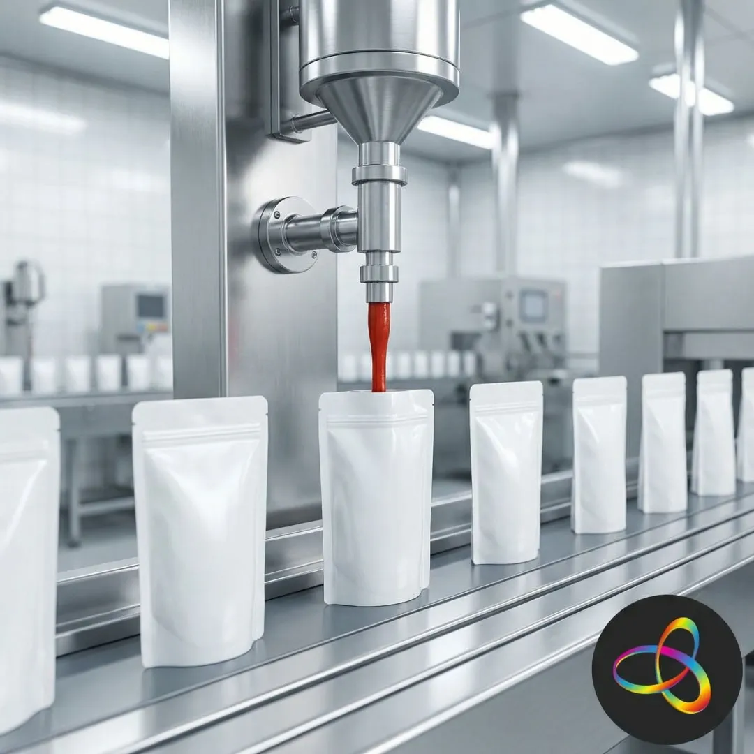 Production line filling stand up pouches with tomato sauce