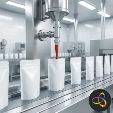 Production line filling stand up pouches with tomato sauce