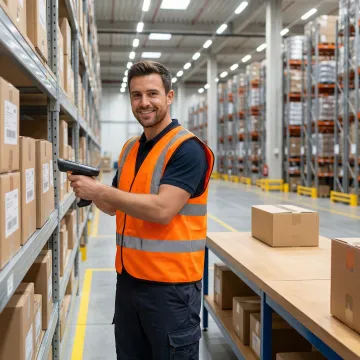 Warehouse worker selecting and packing products for order fulfillment