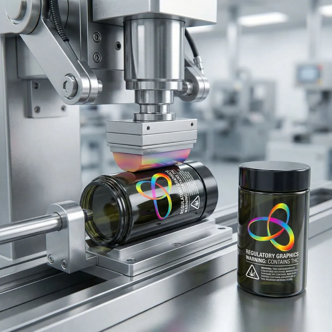 Close-up of pad printing process on cannabis jar