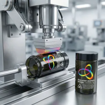 Close-up of pad printing process on cannabis jar