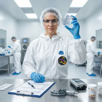 Pharmaceutical technician inspecting ISO 15378 certified primary packaging materials in cleanroom facility