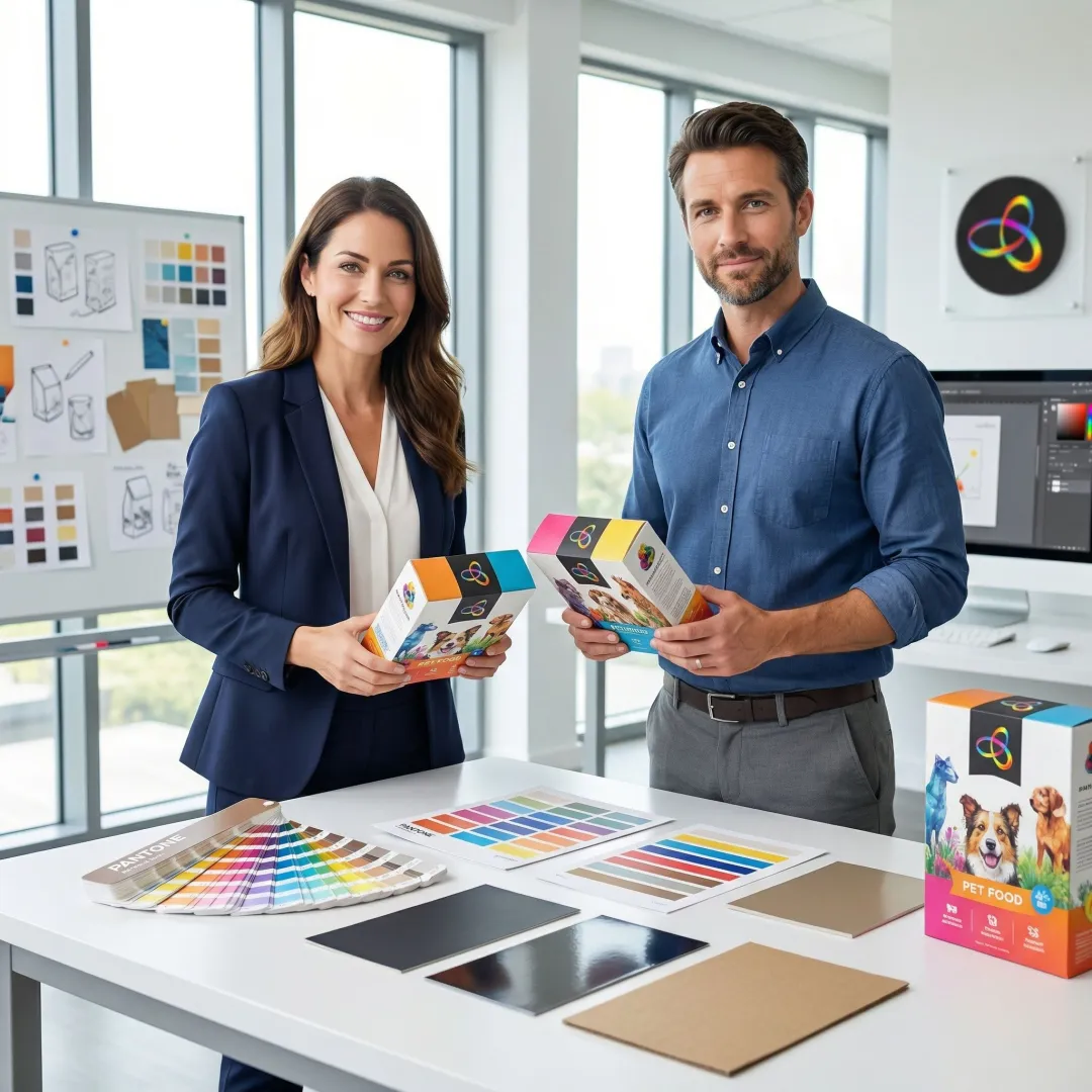 Professional team designing custom pet packaging with printing samples