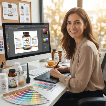 Designer reviewing supplement packaging prototypes and color samples