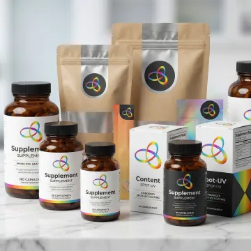 Custom nutritional supplement packaging design showcasing bottles, pouches, and cartons