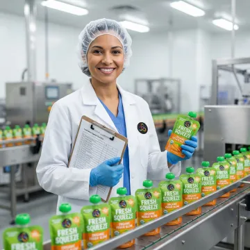 Quality control specialist inspecting toddler food packaging on production line