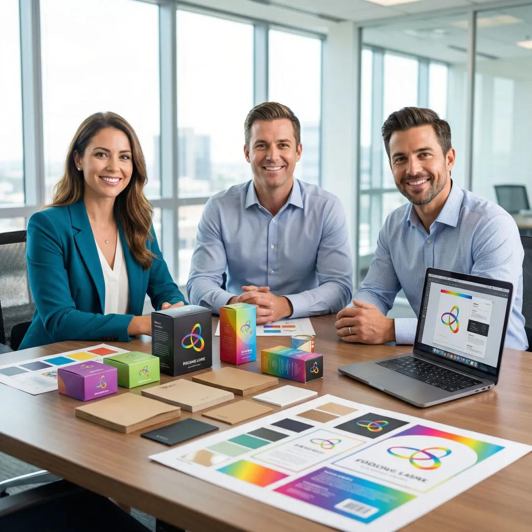 Professional packaging design consultation with product samples and material swatches