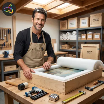 Custom wooden crate being built around large framed painting in professional workshop