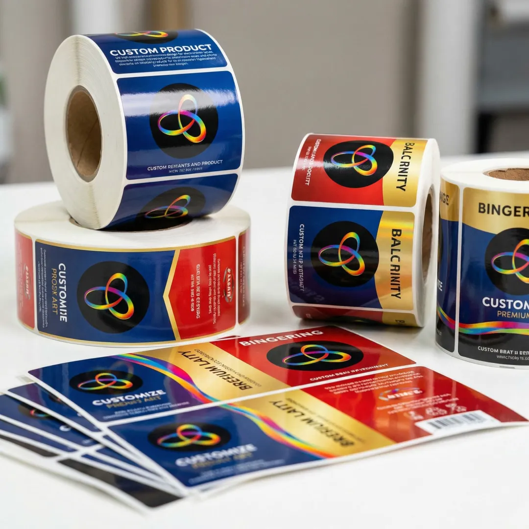 Freshly printed custom retail product labels with vibrant colors and premium finishing