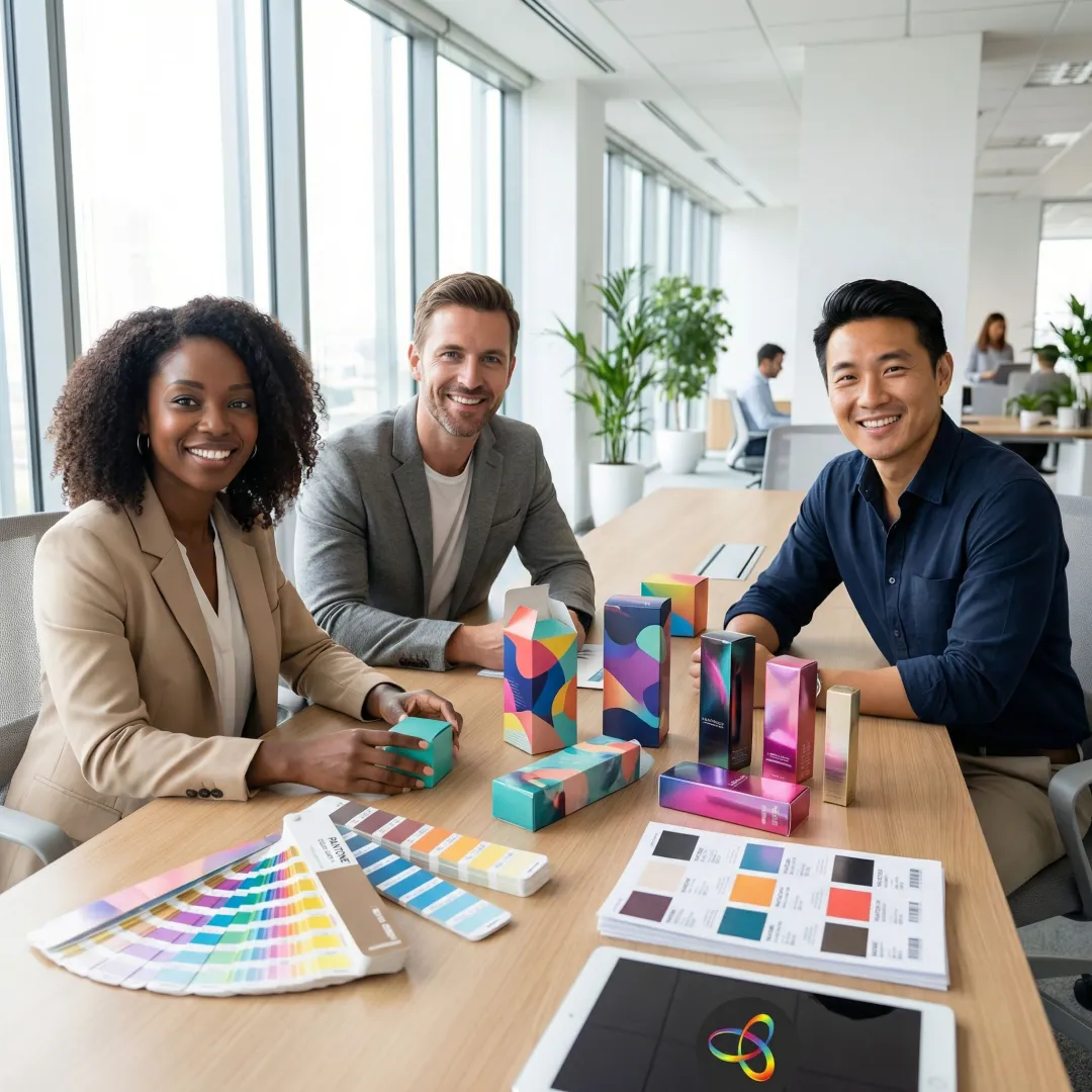 Professional team reviewing custom packaging designs and printing samples in modern facility