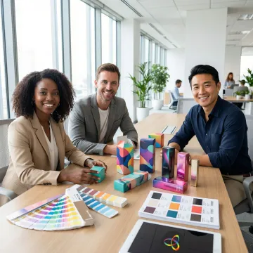 Professional team reviewing custom packaging designs and printing samples in modern facility