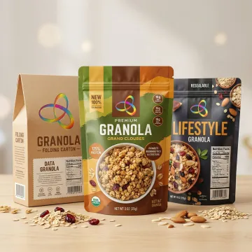 Variety of custom granola packaging options including pouches and boxes