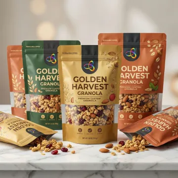 Custom printed granola packaging pouches with vibrant branding