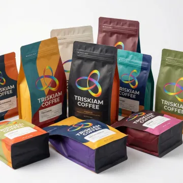 Printed flexible coffee pouches showcasing brand design and barrier packaging