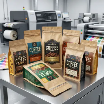 Flexible coffee packaging printing solutions showcasing custom printed coffee pouches