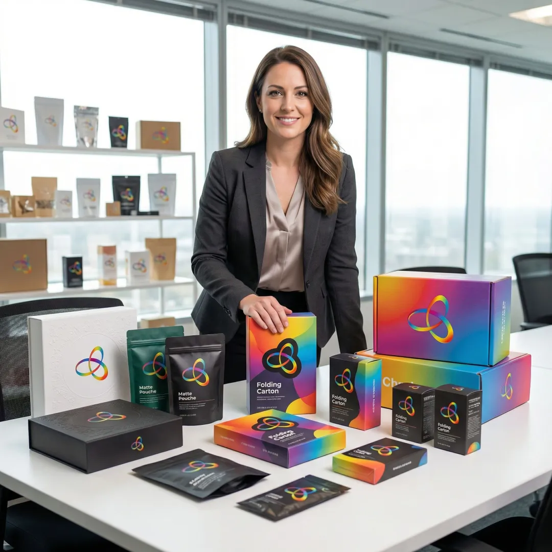 Packaging design team reviewing branded specialty packaging samples in a professional setting