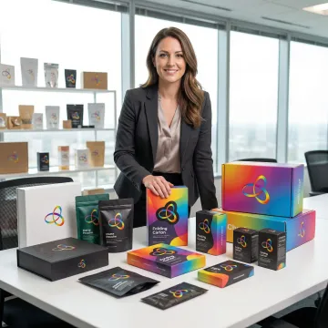 Packaging design team reviewing branded specialty packaging samples in a professional setting