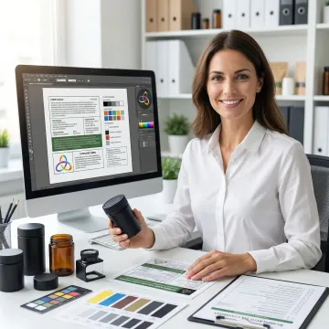 Packaging specialist reviewing cannabis product packaging designs and compliance labels at a professional workstation