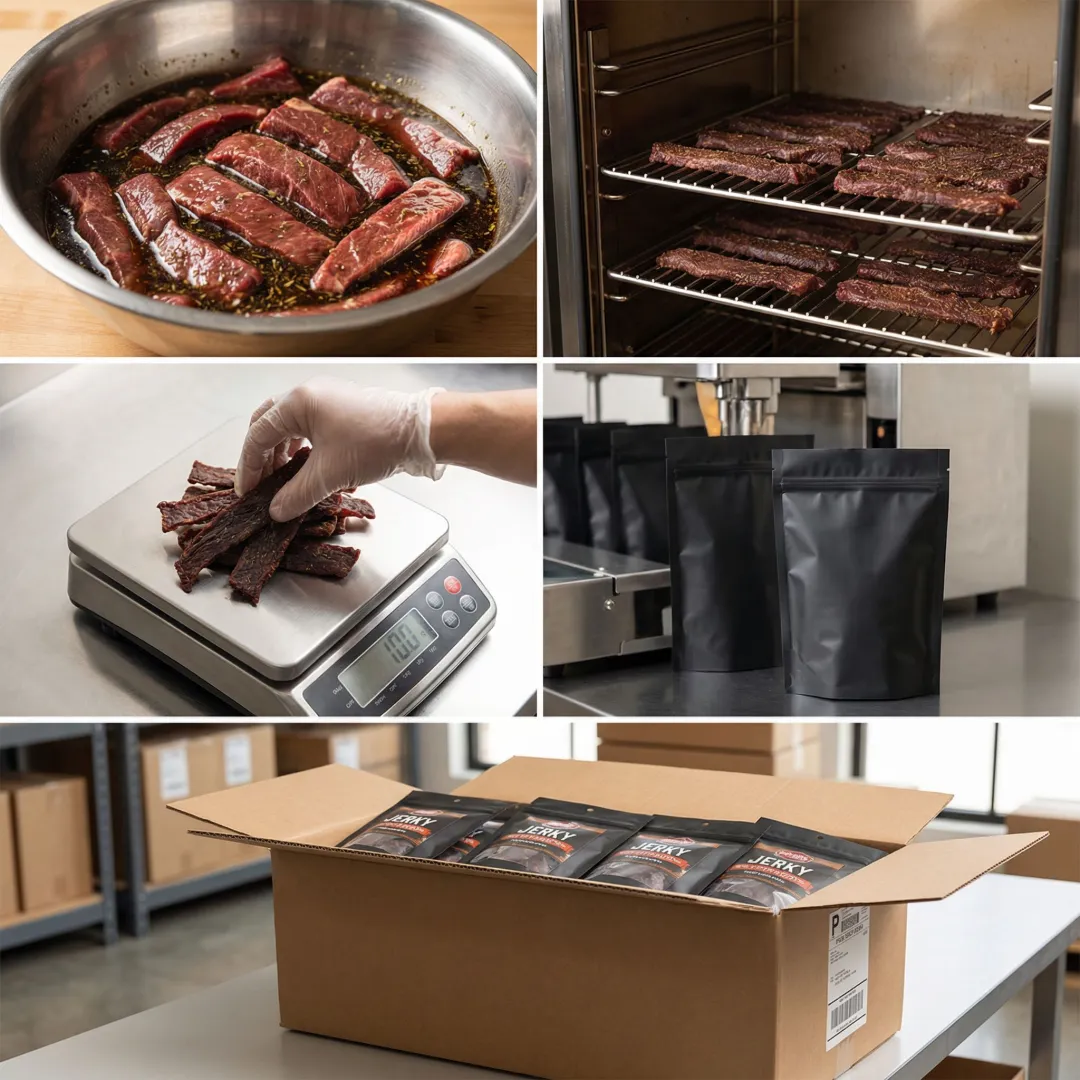 Step-by-step beef jerky co-packing process from formulation to packaged product