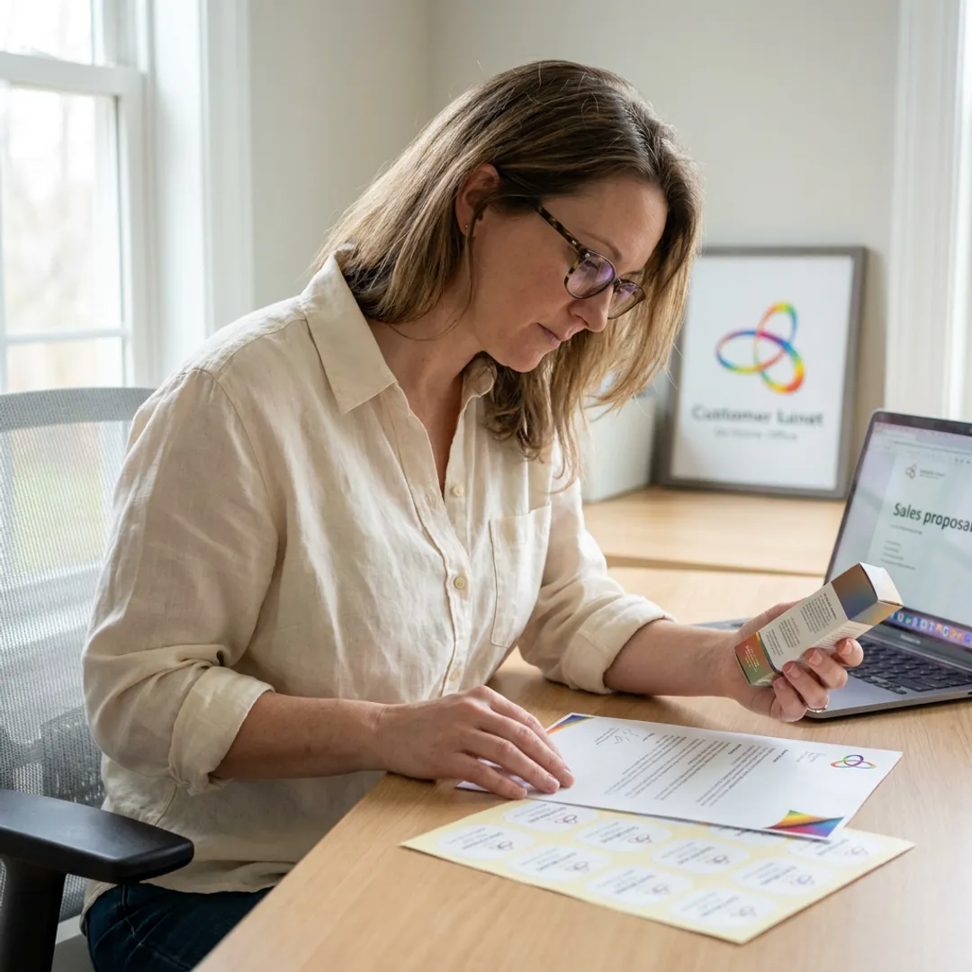 Packaging sales representative reviewing product samples