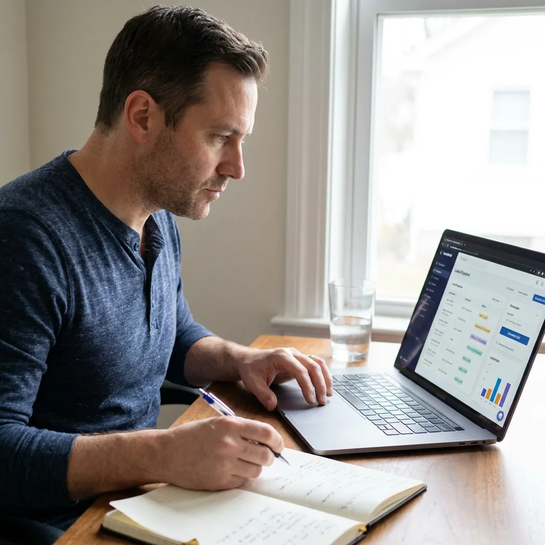 Independent sales representative reviewing qualified leads