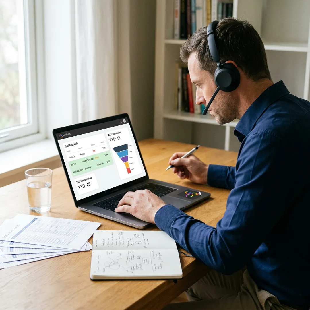 Remote salesperson reviewing leads on a laptop