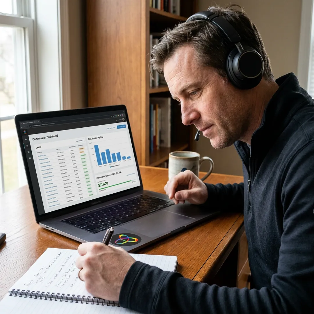 Sales rep reviewing leads on laptop