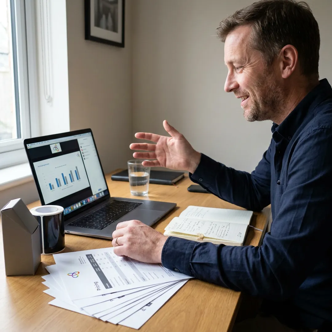 Sales rep discussing packaging solutions by video call