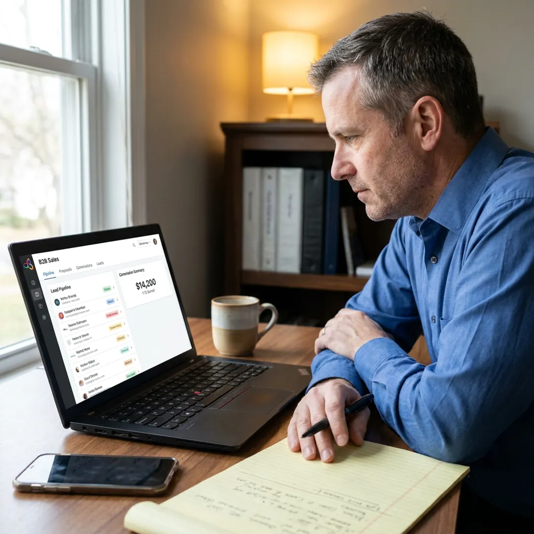 Sales closer reviewing B2B leads remotely