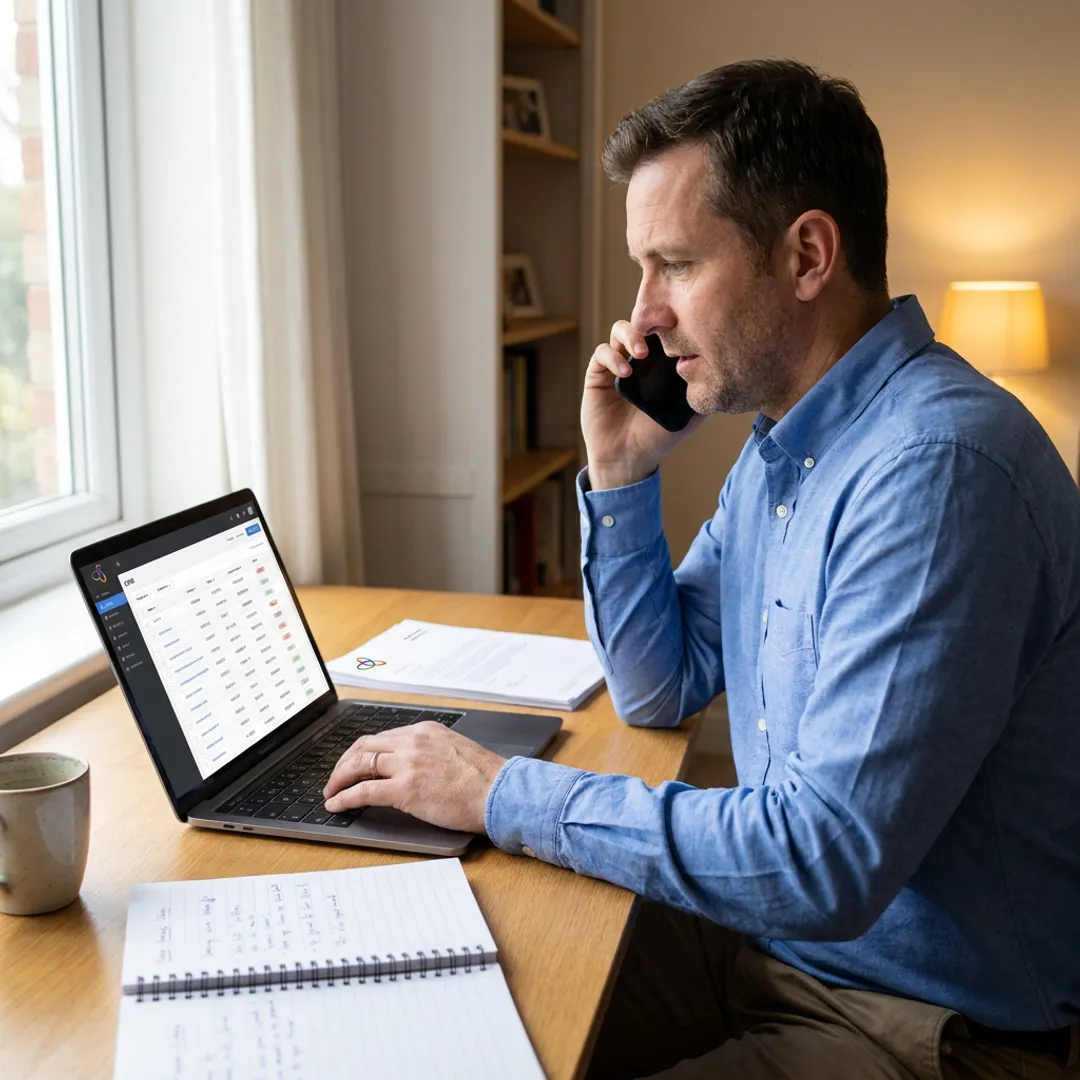 Home-based sales closer reviewing leads