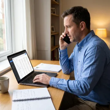 Home-based sales closer reviewing leads