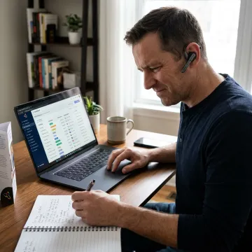 Sales contractor reviewing leads on laptop