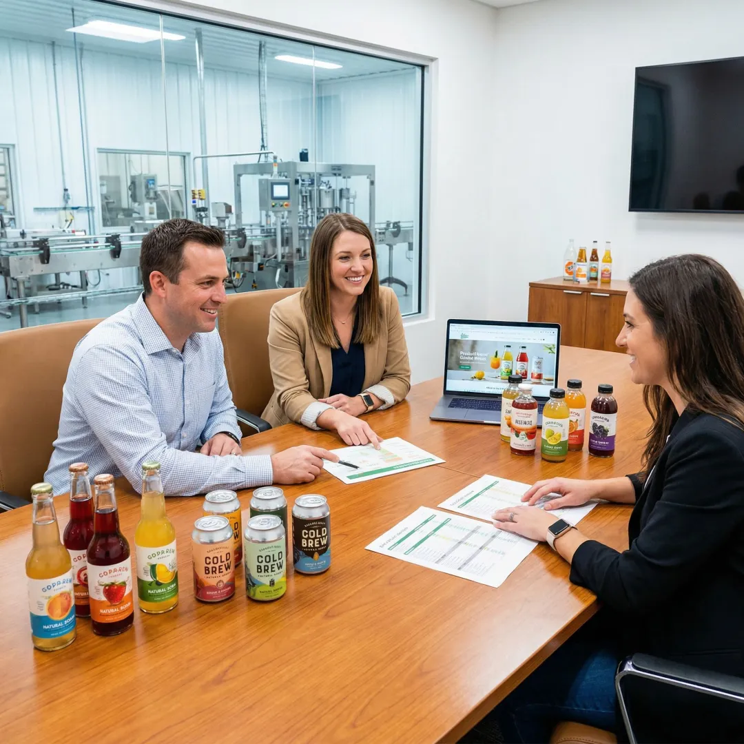 Beverage co-packing team reviewing formulation and packaging designs with client
