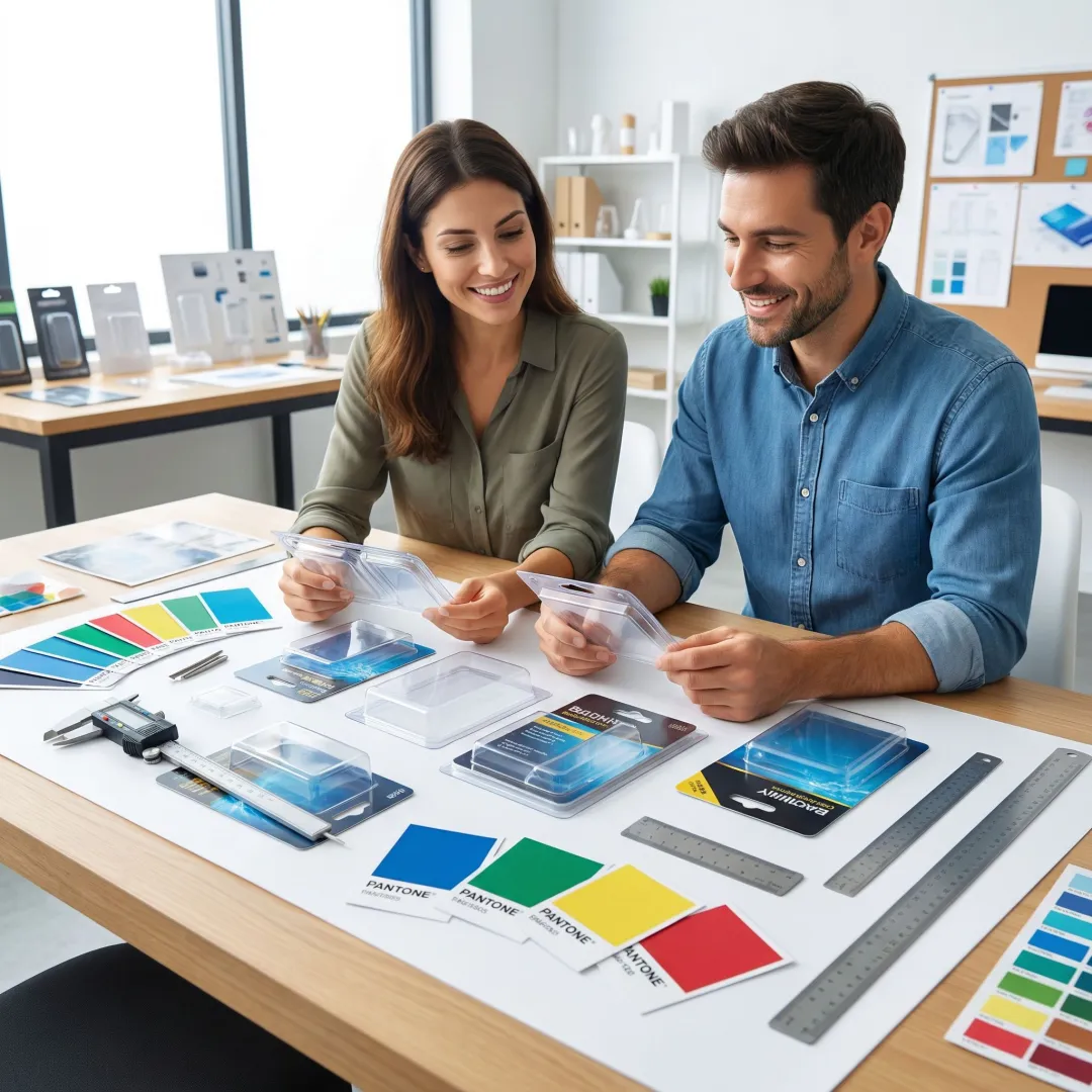 Professional packaging design team reviewing blister card prototypes and material samples