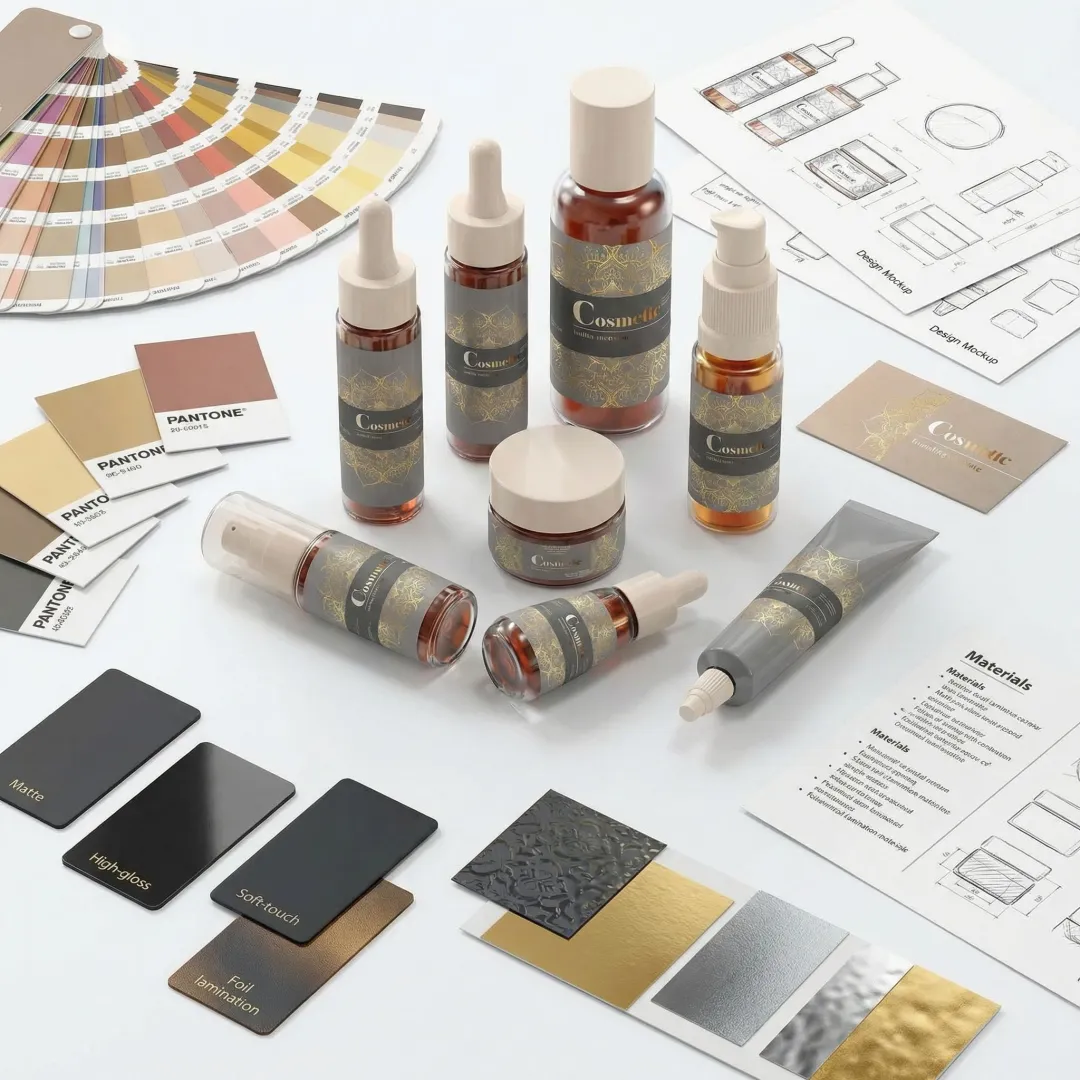 Custom cosmetic box design process showing printing and finishing options