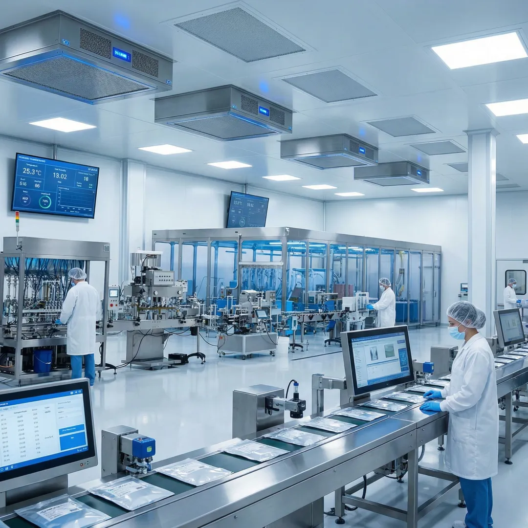 Pharmaceutical manufacturing facility with automated pouch filling and sealing equipment