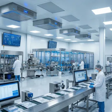 Pharmaceutical manufacturing facility with automated pouch filling and sealing equipment