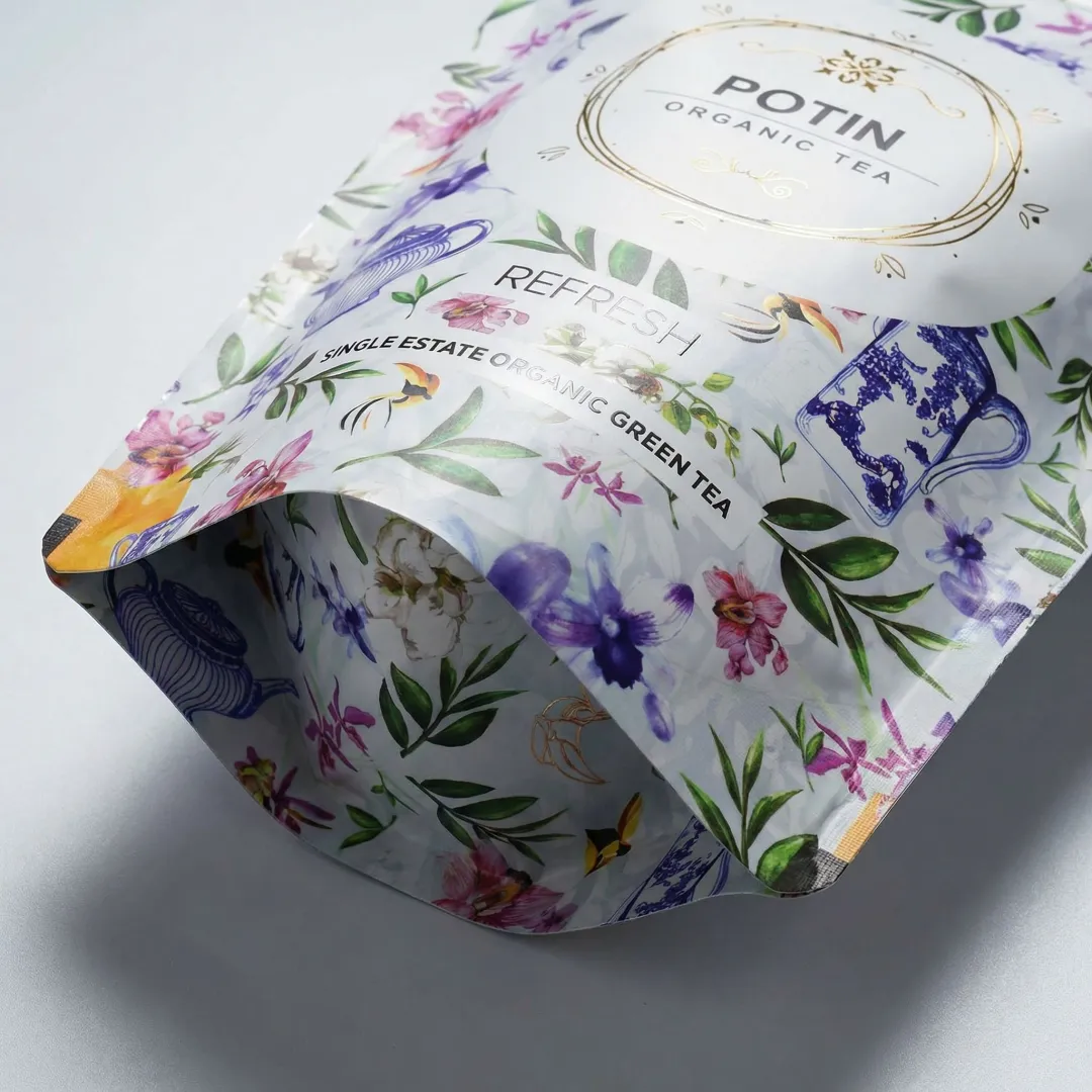 Close-up of flat bottom pouch showing structural stability and premium printing