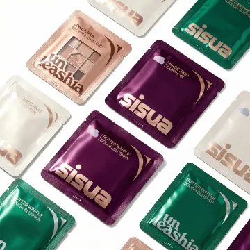Custom cosmetic sachets with premium finishes displayed on white surface
