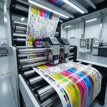 Modern digital printing press producing custom flexible packaging with vibrant colors