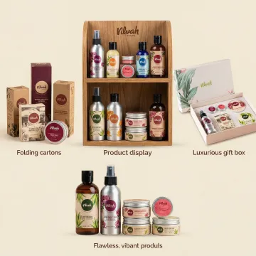 Custom packaging solutions including printed boxes, bottles, and product displays