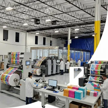 Modern packaging production facility with printing and manufacturing equipment