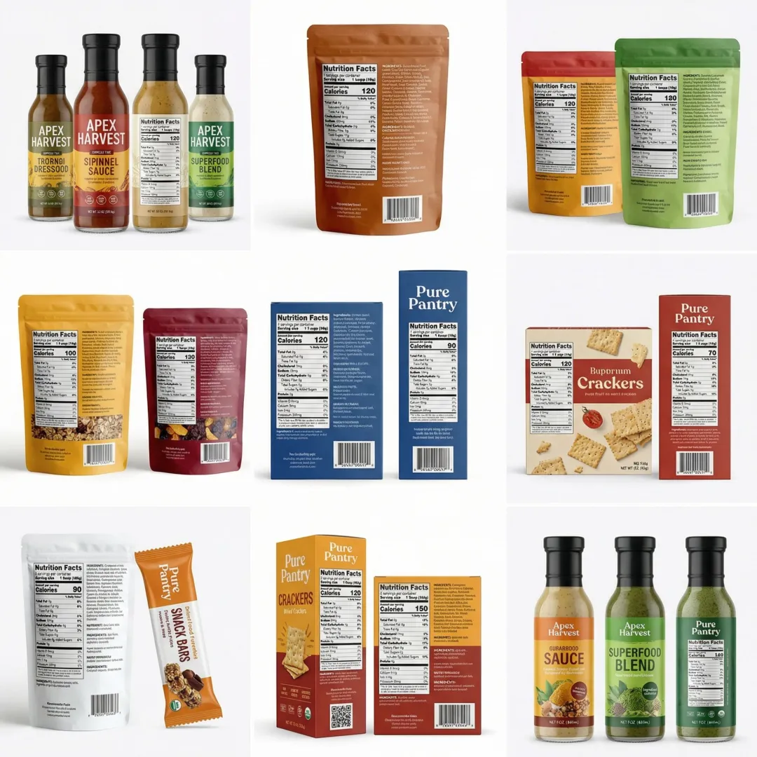 Variety of colorful, compliant food labels on different packaging formats